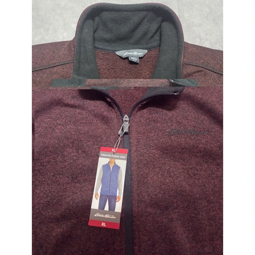 Eddie Bauer XL Maroon Sweater Fleece Vest Full Zip Pockets Autumn Outdoor NWT